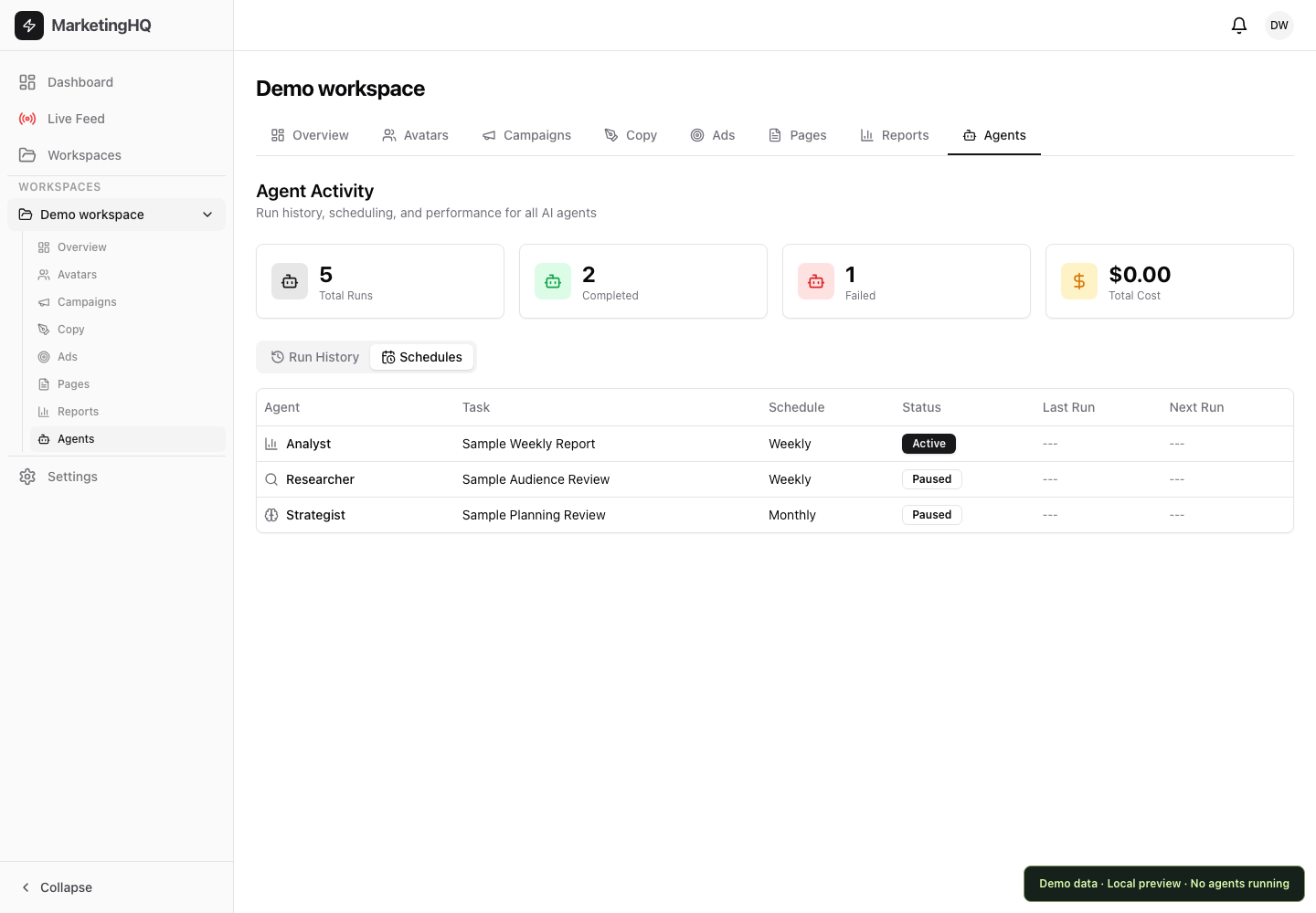 Actual MarketingHQ Schedules tab with labelled sample recurring tasks