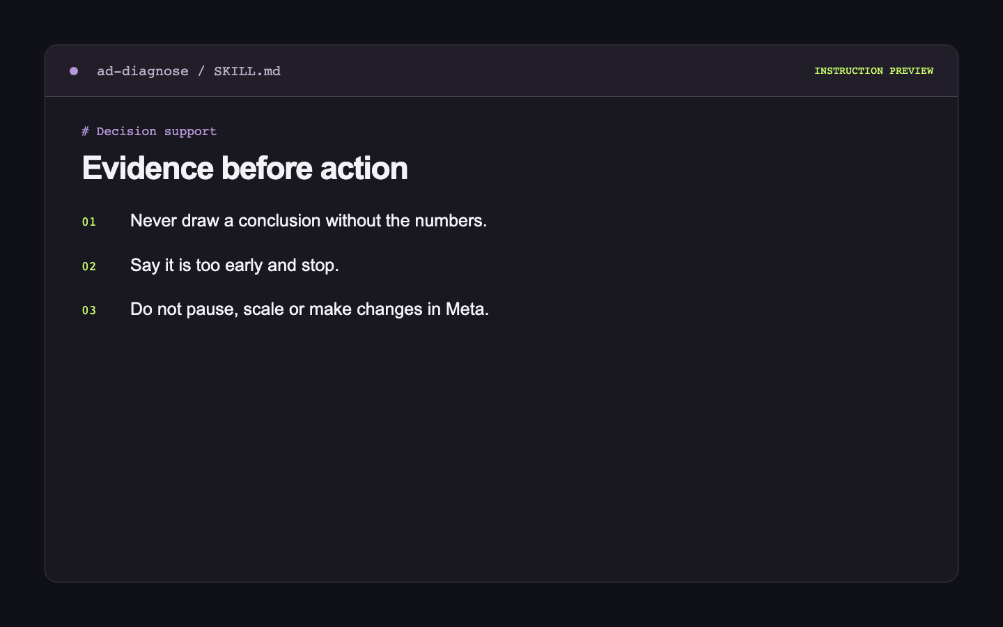 English instruction preview: Evidence before action. Key rules follow below.